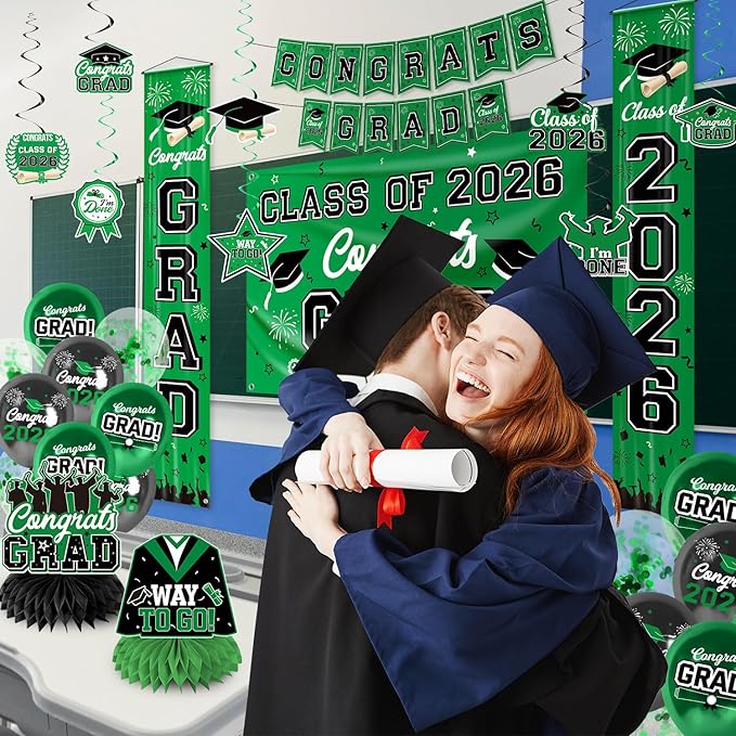 Graduation Decorations Class of 2026 Green Graduation Party Decor Set include Congrats Grad Banner Backdrop Class of 2026 Balloons Party Supplies