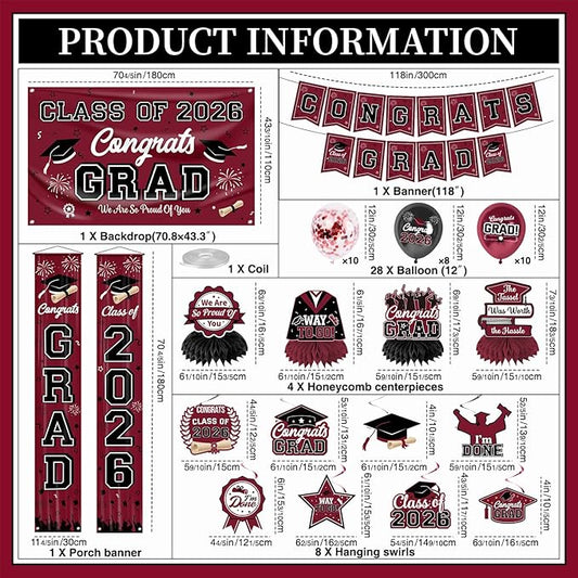 Graduation Decorations Class of 2026 Maroon Graduation Party Decor Set include Congrats Grad Banner Backdrop Class of 2026 Balloons Party Supplies