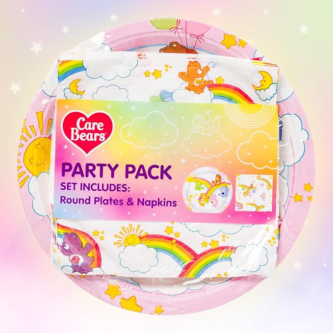 Silver Buffalo Care Bears Featuring Grumpy, Good Luck, Tenderheart, Love-A-Lot, Friend, Cheer, and Birthday 32 Pack Partyware Disposable Paper Plates and Napkins