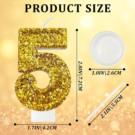 Birthday Number Candles, Glitter Number Candle Cake Decorations with Sequins, Cupcake Decorations for Girls, Women, Party Anniversary Celebrations (Number 5, Golden)