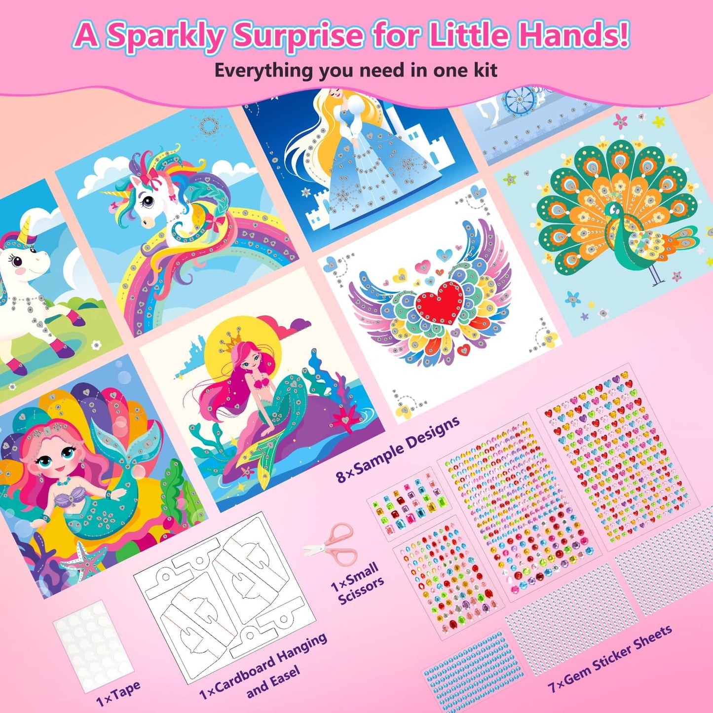 Marlrin Unicorn & Princess Diamond Art Kit for Kids Ages 3-8,Easy Arts and Crafts with 1000+ Gem Stickers,Gem Art Christmas Birthday Gift for Girls 4-7
