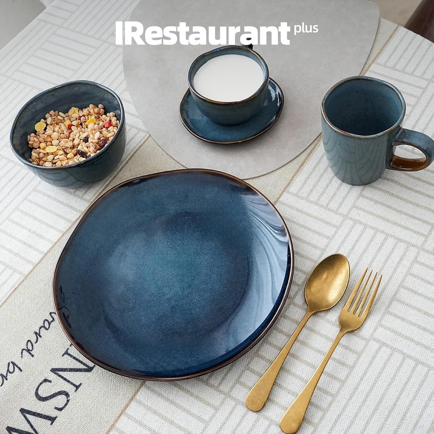 Organic Shape Restaurant 8OZ Coffee Cup and Saucer, Commerical Grade Catering Stoneware Cup and Saucer in Ir-regular Organic Shape, Chip & Scratch Resistant, Glossy Reactive Glaze Blue, Case of 24