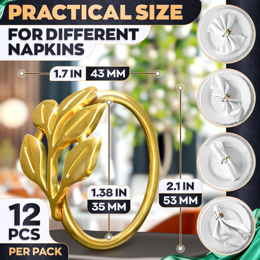 Thanksgiving Napkin Rings Set of 12 – Christmas Gold Leaf Napkin Rings Set | Elegant Design for Christmas Table Decorations, Wedding & Festive Dinners, Special Occasions, Great for Hosts