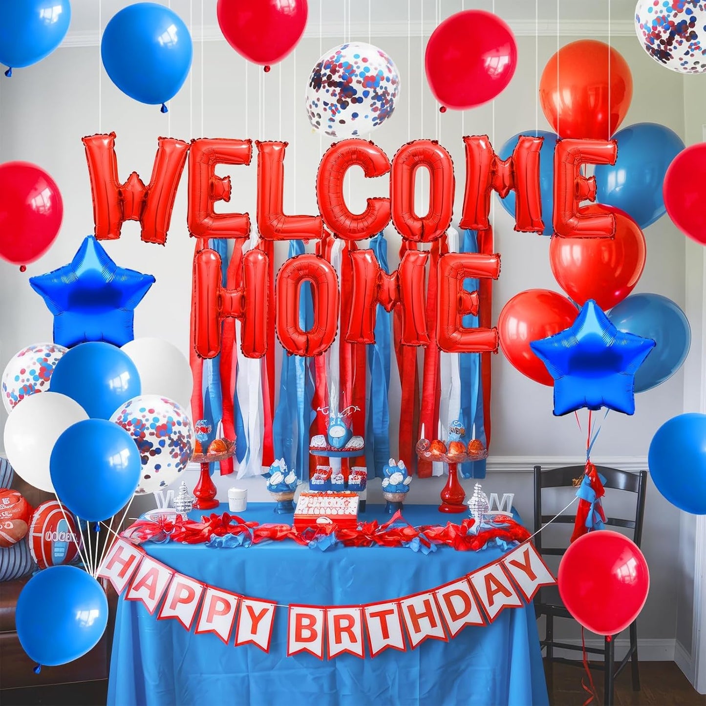 Red Blue Welcome Home Foil Balloon Banner with Confetti Balloons, Blue Star Balloons for Patriotic Welcome Home Army Returning Party Supplies