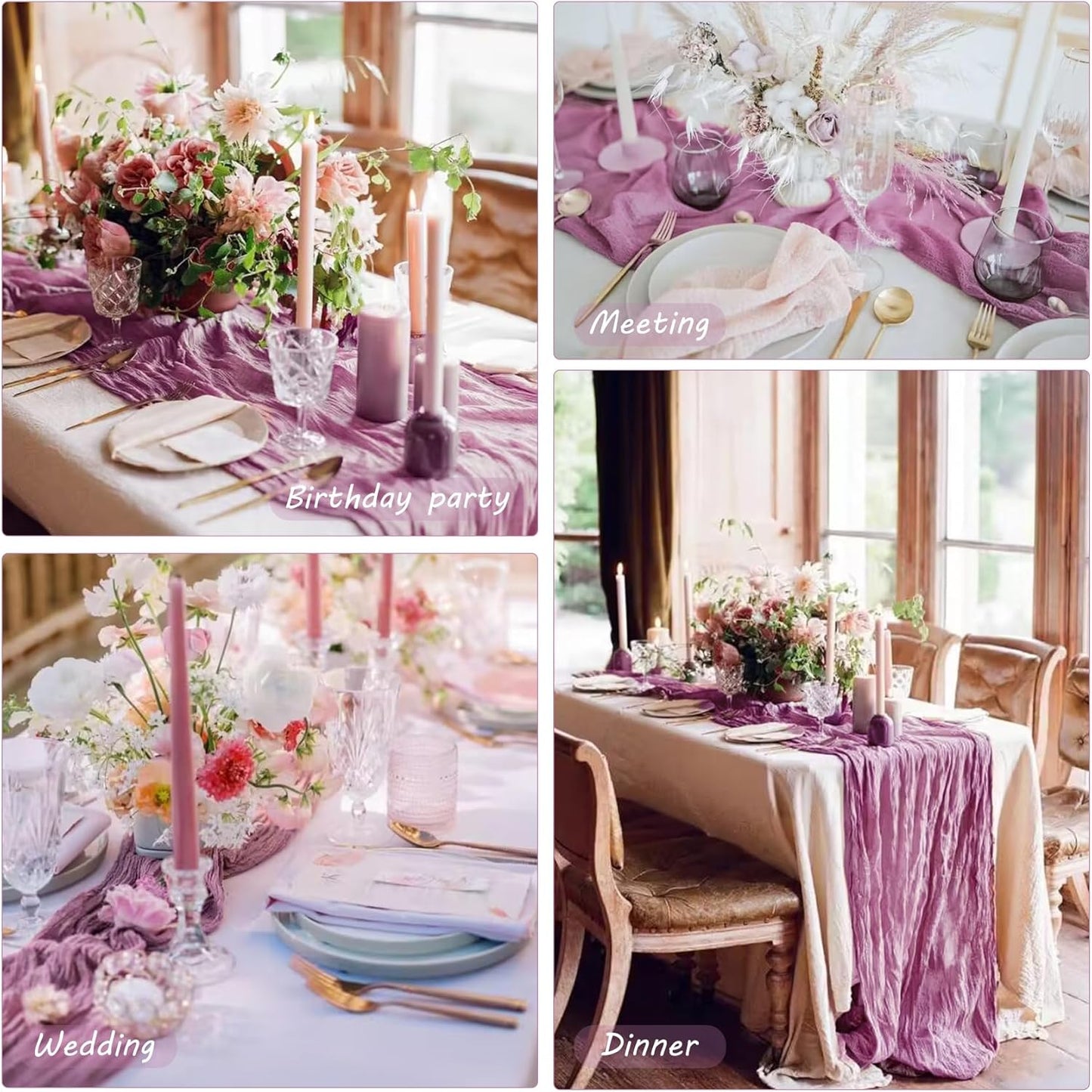 12 Pack 10Ft Cheesecloth Table Runner 35x120 Inch Boho Gauze Table Runner Rustic Cheese Cloth Long Romantic Table Runners for Wedding Bridal Shower Birthday Party Table Decor (Mauve)
