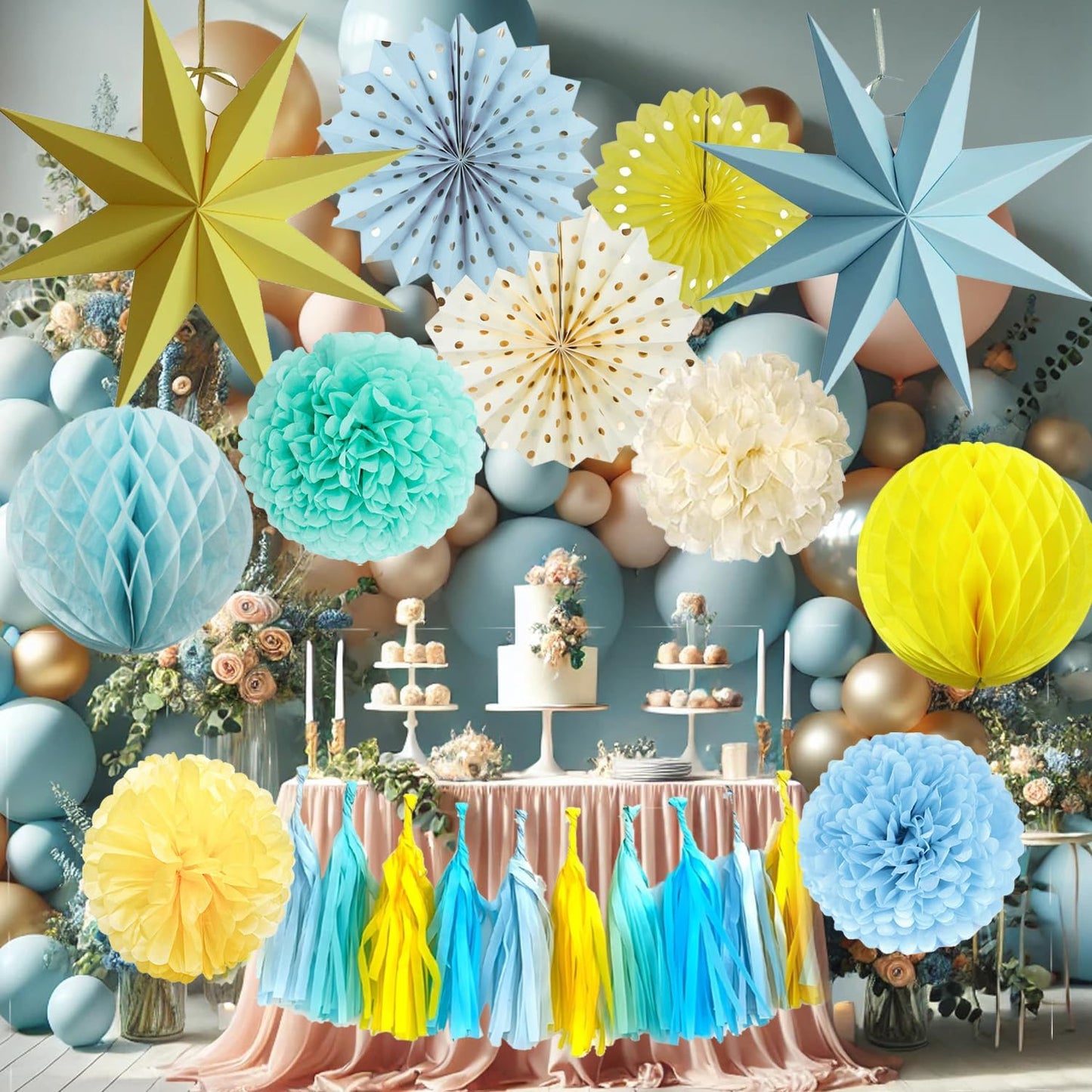Blue Yellow Party Decorations, Blue Yellow Birthday Decoration,15PCS Blue Decorations for Women Men Girl Boy,Hanging Backdrop Decor for Bear Birthday,Winne Baby Shower,Bridal Shower,Garden Party