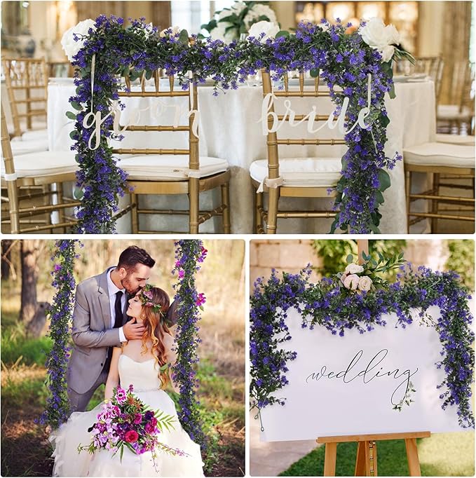 Fake Hanging Eucalyptus Garlands Artificial Vines Plants Eucalyptus Leaves with Flowers Greenery Spring Floral Garland for Home Garden Wedding Wall Arch Party Decoration(Purple)