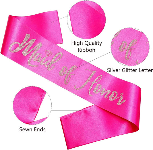 Maid of Honor Sash, Hot Pink Sash with Silver Glitter Letter Bachelorette Party Sash for Bridal Shower Wedding Party Accessories Supplies Engagement Gifts