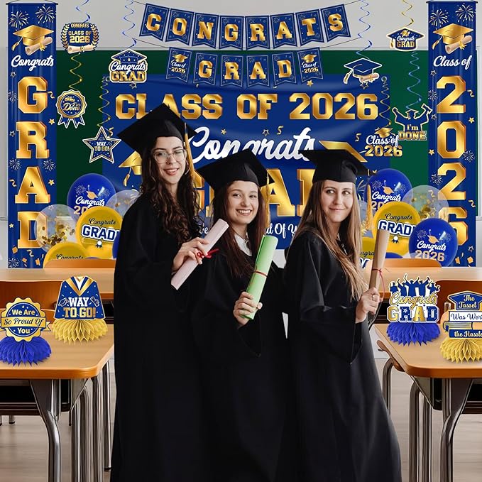 Graduation Decorations Class of 2026 Blue and Gold Graduation Party Decor Set include Congrats Grad Banner Backdrop Class of 2026 Balloons Party Supplies