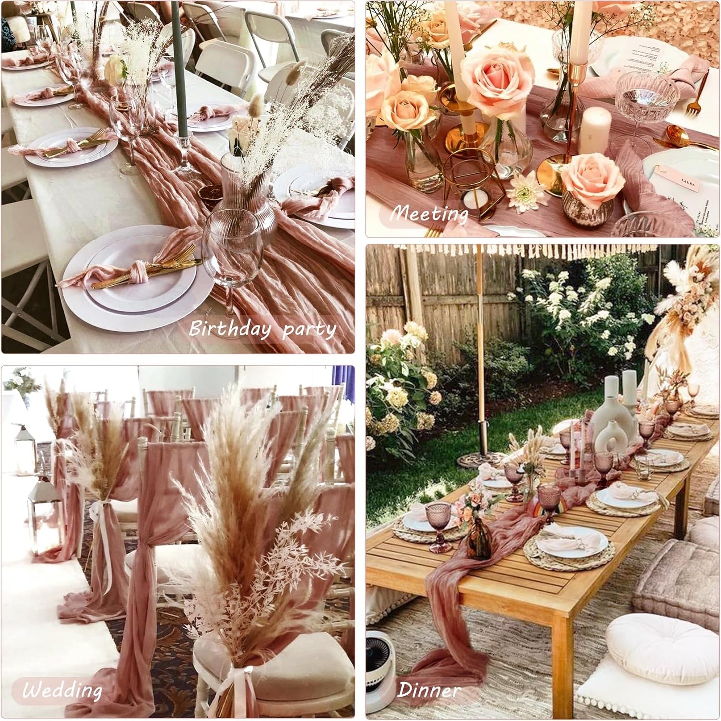 Fivenl 12 Pack Cheesecloth Table Runner 35x72 Inch Boho Gauze Rustic Cheese Cloth Long Romantic for Wedding Bridal Shower Birthday Party Decor (Dusty Blush)