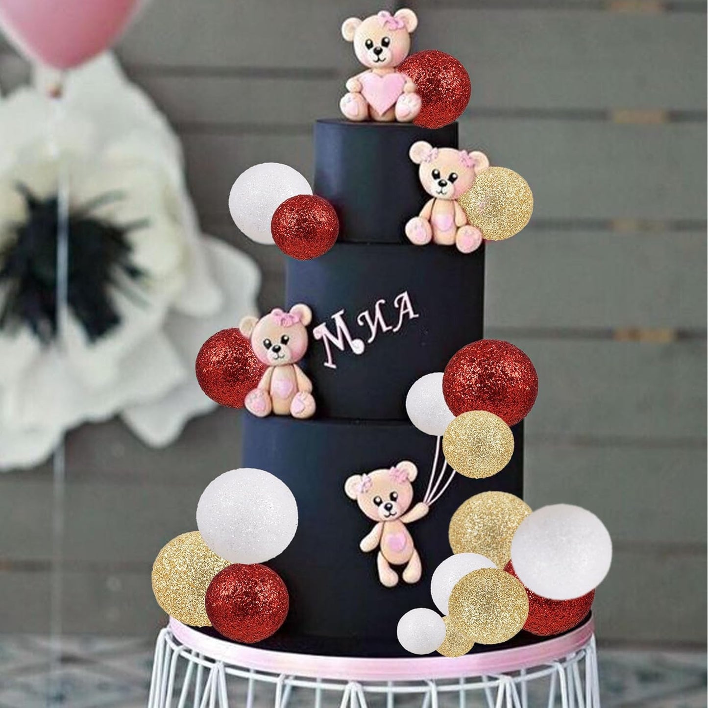 30Pcs Balls Cake Topper Glitter Foam Ball Cake Picks Faux Pearl Ball Shaped Cupcake Insert Cake Topper for Baby Shower Wedding Anniversary Birthday Graduation Party Decorations Gold White Red