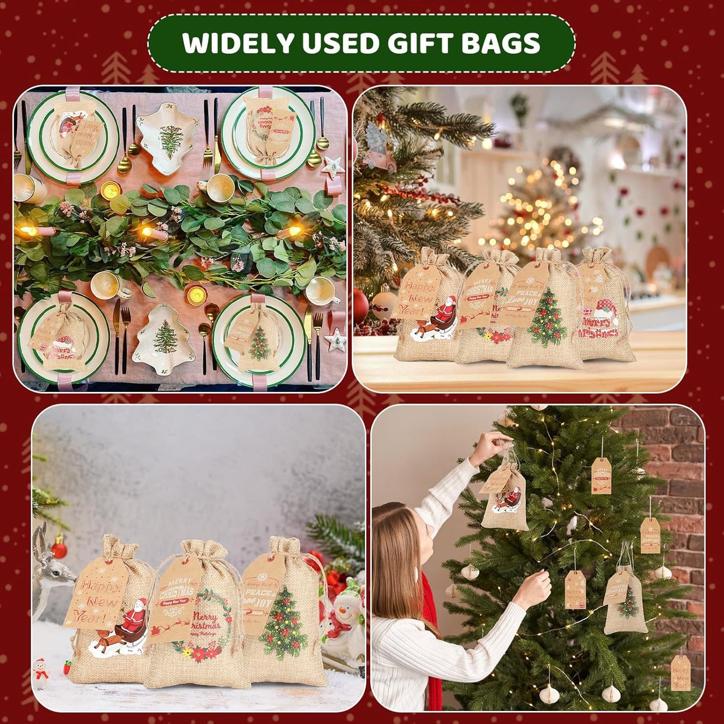 Tapleap Small Burlap Coth Christmas Gift Bags with Drawstring, 4x6 Inches (Lot of 40) with Tags, String, for Wrapping Holiday Party Favors or Gifts for, Kids Class, Coworkers, and Neighbor