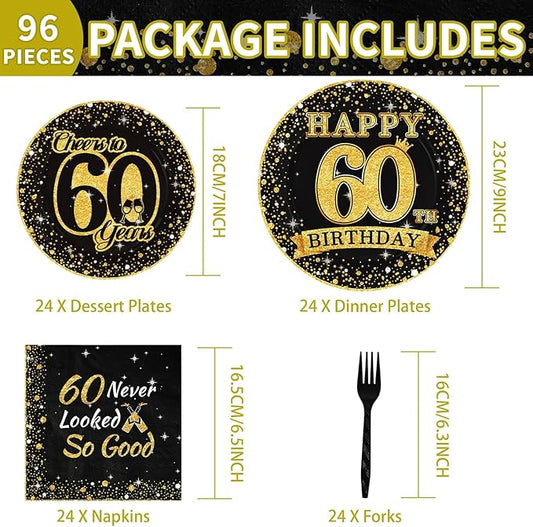 Grencian 96Pcs 60th Birthday Party Decorations Vintage 1965 Birthday Plates and Napkins Black and Gold Tabeware Sets Cheers to 60 Years Decorations for Mens Womens 60 Year Old Party Supplies Serves 24