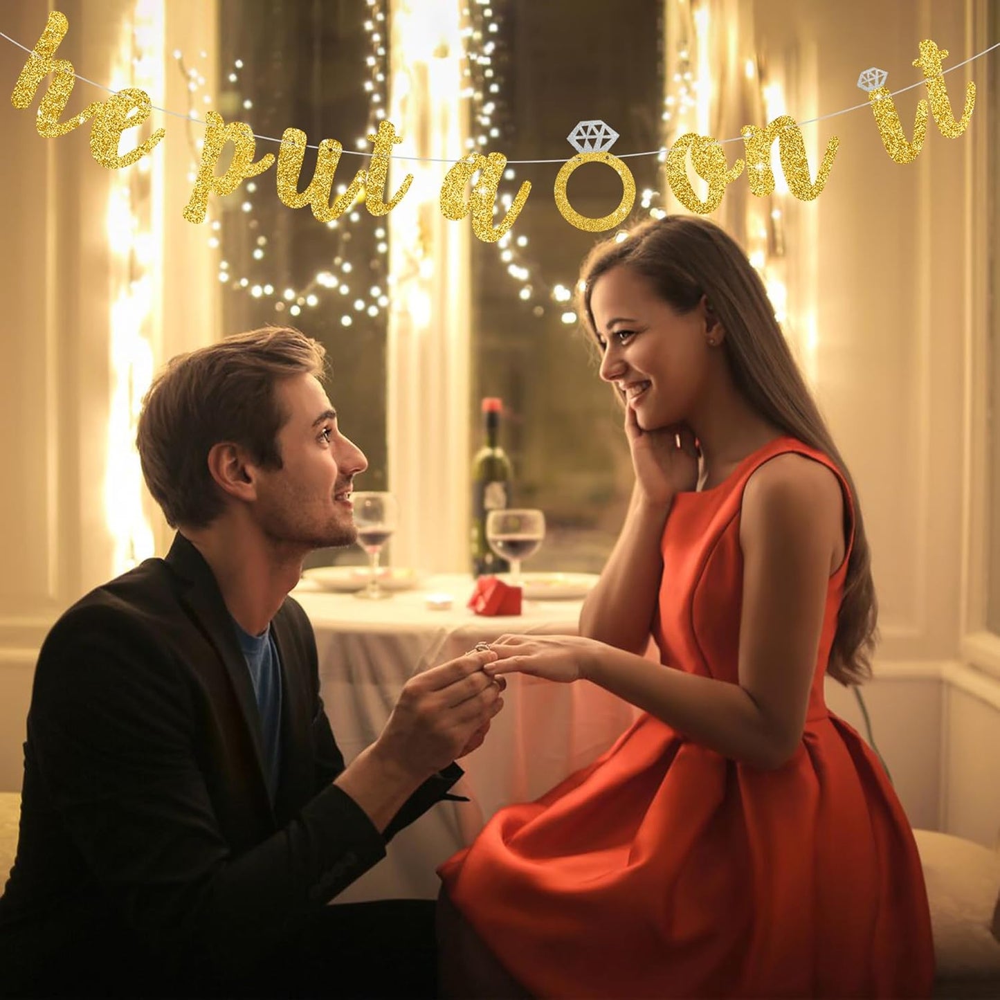 Glitter Gold He Put A Ring On It Banner Pre-Strung Engagement Decorations Bridal Wedding Party Backdrop Sign Garland Bachelorette Party Supplies,NO DIY