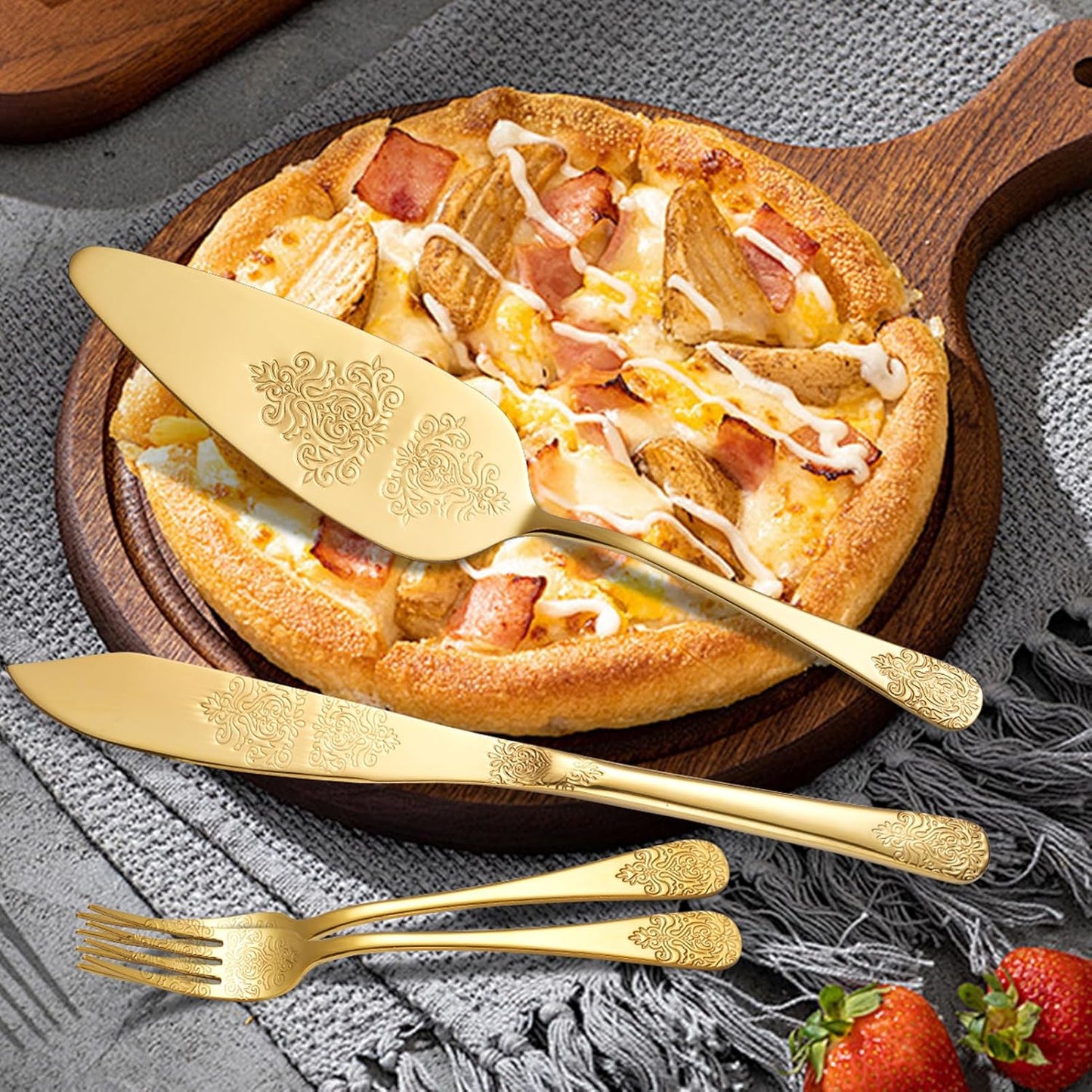 Cake Cutting Set for Wedding, Elegant Cake Knife and Server Set with Thickened Stainless Steel Rounded Edges, Cake Cutter Pie Spatula for Birthday Anniversary Christmas 2 Pcs Gold