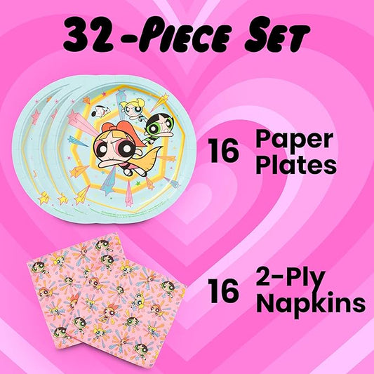 Silver Buffalo The Powerpuff Girls Featuring Blossom, Bubbles, and Buttercup 32 Pack Partyware Disposable Paper Plates and Napkins
