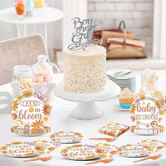 96Pcs Baby in Bloom Baby Shower Party Supplies Floral Shower Groovy Floral Paper Plates Napkins Hippie Party Decorations Boho Daisy Dinnerware Favor Tableware Serves 24