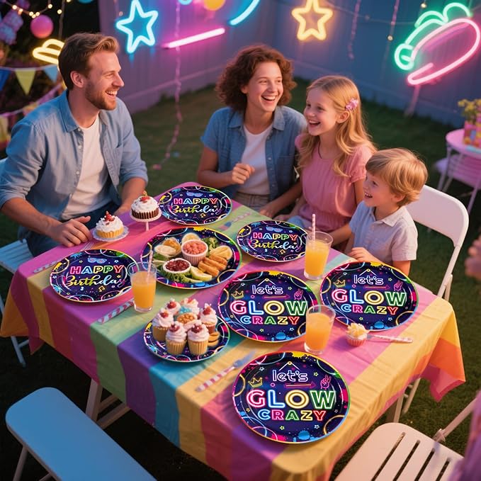 Grencian 96Pcs Neon Party Supplies Let's Glow Party Decorations Glow In The Dark Colorful Plates and Napkins Tableware Neon Birthday Decorations for Baby Shower Game Black Night Themed Favors Serve 24