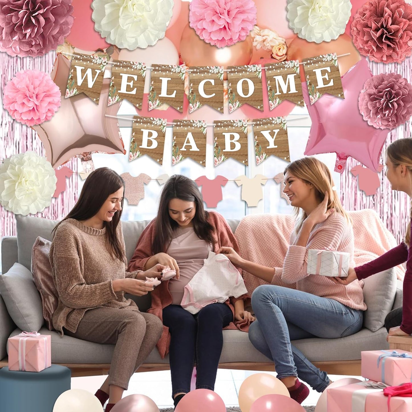 Dusty Pink Baby Shower Decoration, Girl Baby Shower Decor Set with Welcome Baby Banner, Sweet Baby-girl Cake Topper,Tissue Pom Poms,Retro Blush Rosegold Balloon,Boho Baby Gril Shower Party Supplies