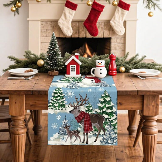 Artscope Reindeer Snowman Christmas Tree Table Runner, Xmas Winter Snowflakes Holiday Kitchen Dining Table Decoration for Christmas Home Party Decor 13x108 Inch-Light Blue