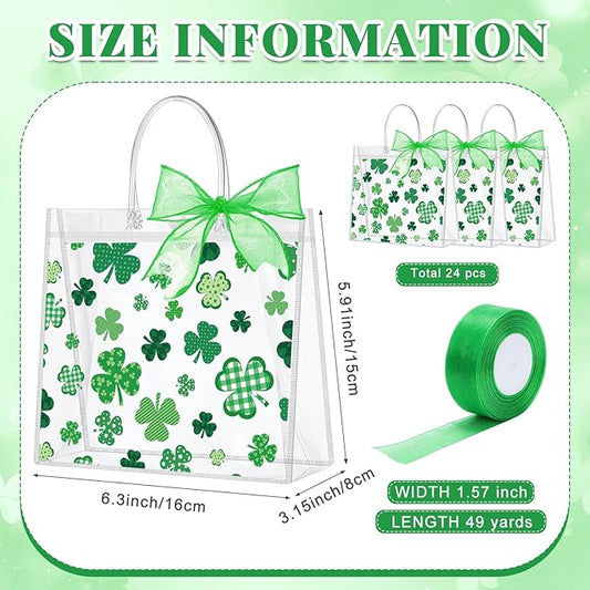 Wesnoy 24 Pcs St Patricks Day Clear Gift Bags with Handles Shamrock PVC Treat Totes with Ribbon Green Clover Gift Wrapping Bag Bulk for Irish Party Favor Supplies Holiday Gifts, 6.3 x 5.9 x 3.2 Inch