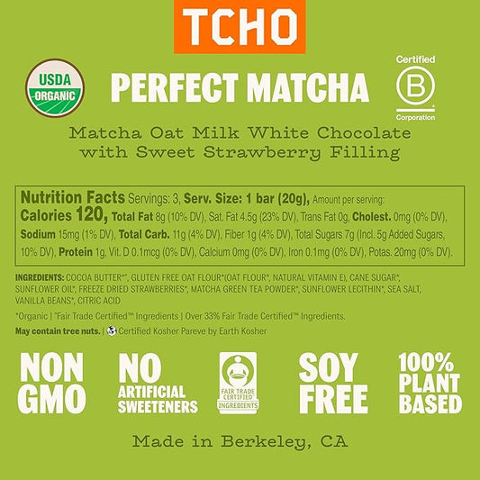 TCHO Perfect Matcha Chocolate Bar 10 Pack - Organic Oat Milk Chocolate with Matcha Shell and Strawberry Filling - Plant-Based Non-GMO Matcha Snacks