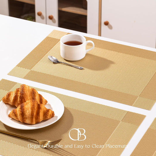 Placemats Set of 12 - Easy Clean Woven Vinyl Placemats for Dining Table, Indoor/Outdoor Place Mats, Washable PVC Table Mats(Gold Cube)