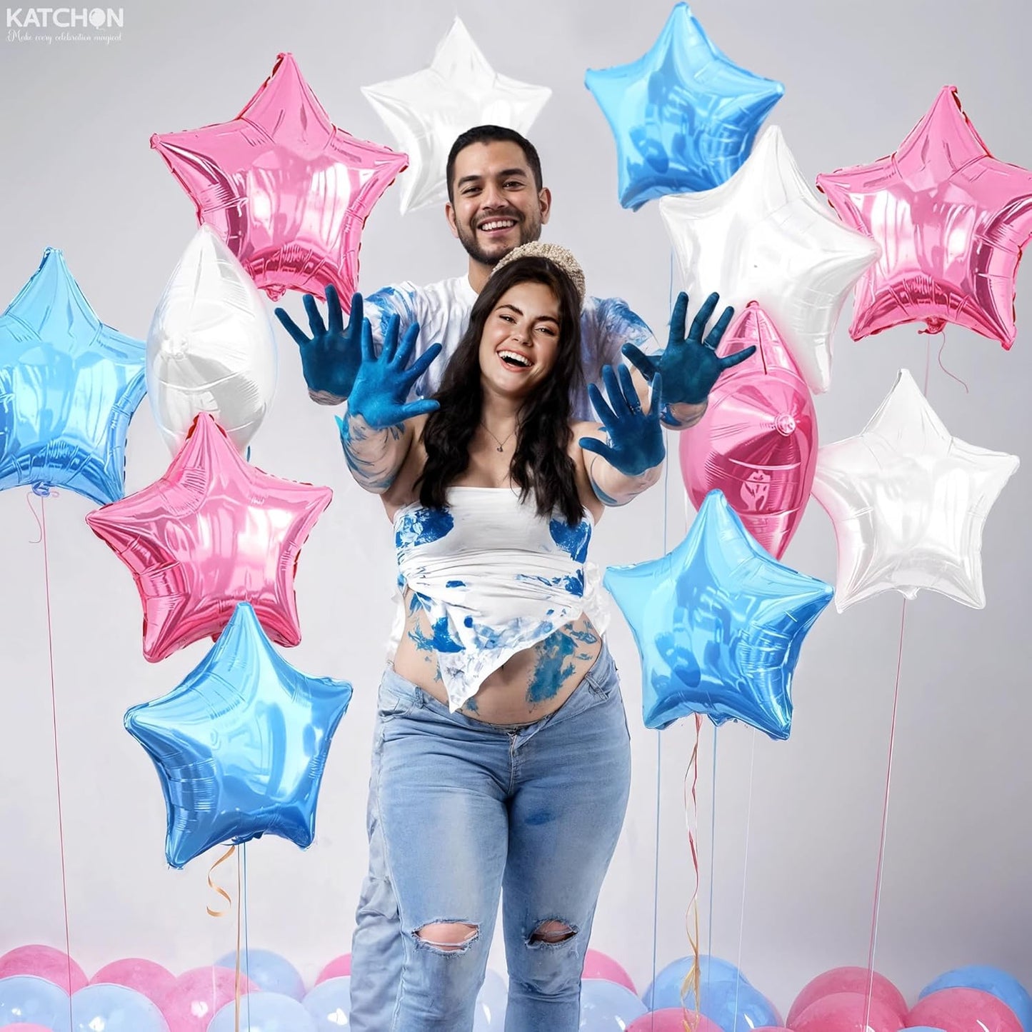 KatchOn, Huge Pink Blue and White Star Balloons - 18 Inch, Pack of 12 | Star Foil Balloons for Gender Reveal Decorations | Baby Shower Decorations, Gender Reveal Balloon | Birthday decorations