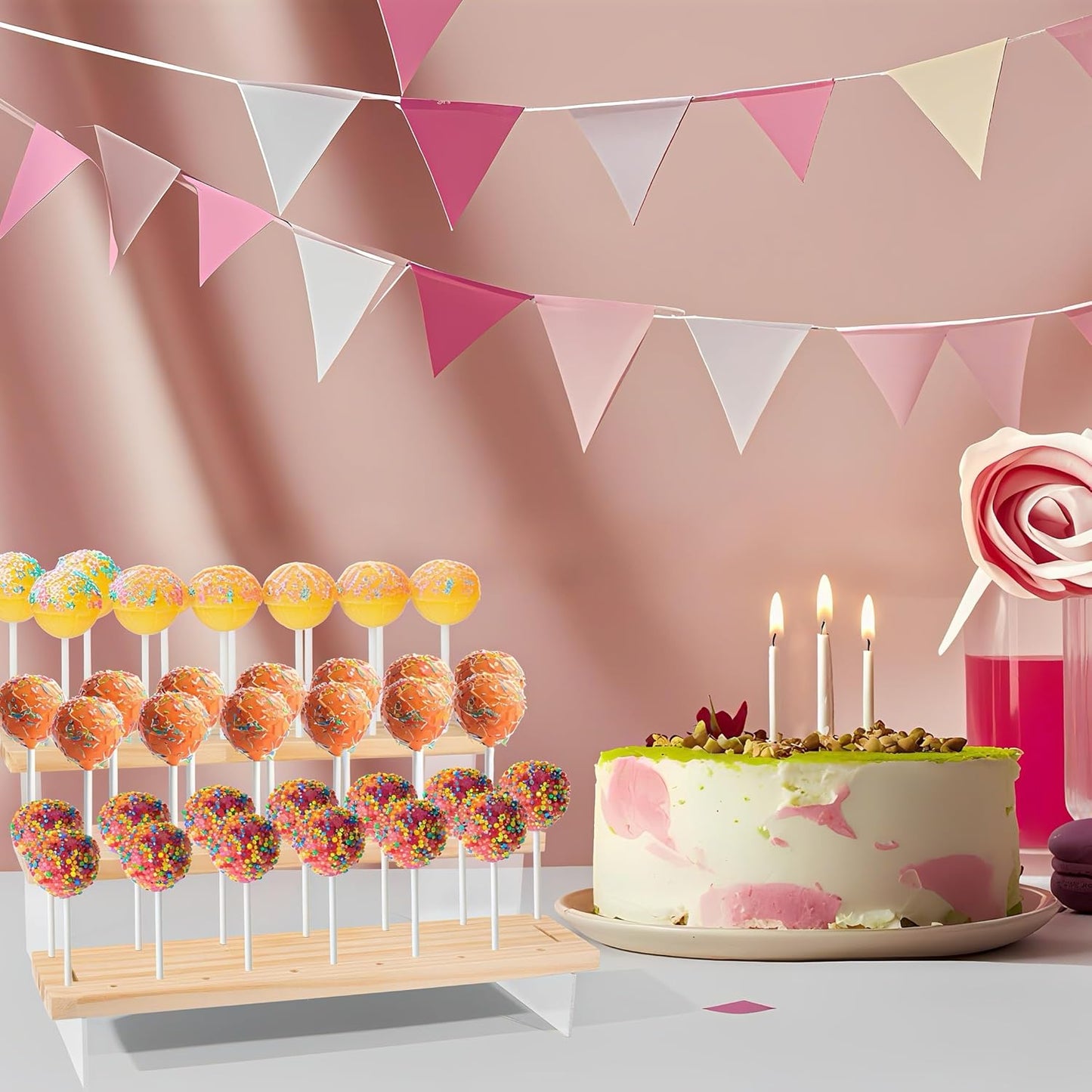 2 Pack Cake Pop Stand Holder - 3 Tier for 39 Cake Pops, Acrylic & Pine Wood Dessert Table Stand | Wedding Birthday Baby Shower Candy Buffet Cake Pop Display.