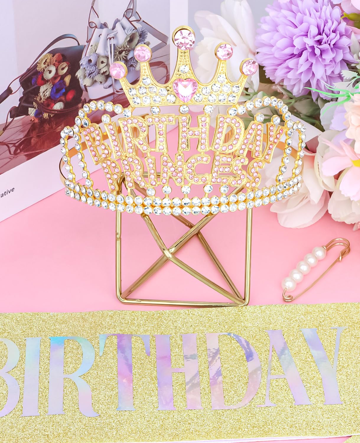 Wecoe Gold Birthday Crown and Sash: Women's Princess Crown with Rhinestone Tiaras & Sash - Happy Birthday Party Favors & Decorations for Adult Women Celebrants
