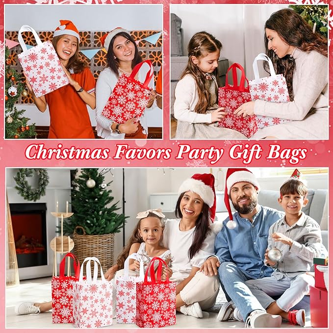 Wovnet 30 Pcs Christmas Bags Bulk Red White Snowflake Winter Merchandise Gift Bags with Handles Reusable Non Woven Tote Shopping Goodie Pouch for Xmas Party Favors 10 x 8 x 4in