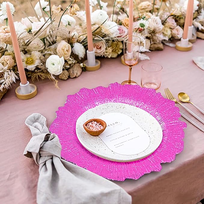 24 Pcs Hot Pink Charger Plates Bulk 13 Inch Plastic Charger Plates for Dinner Plate, Hot Pink Chargers for Table Setting, Reef Design Plate Floral Decorative Round Chargers for Wedding Party Event