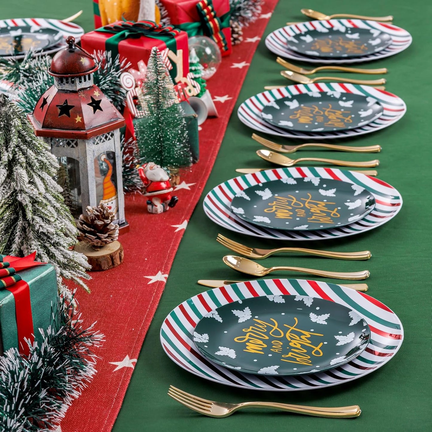 WDF 50 Pieces Christmas Plastic Plates - Christmas Plates Disposable include 25 Christmas Dinner Plates and 25 Christmas Salad Plates - Red and Green Plates for Christmas party&winter