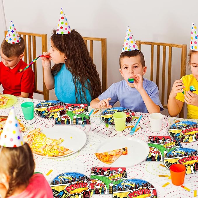 40pcs Super Theme Hero Party Decorations Hero Action Sign Plates Napkins for Comic Heroes Birthday Decorations Hero's Action Sign Cityscape Buildings Tableware Set,Suitable for 20 Guests