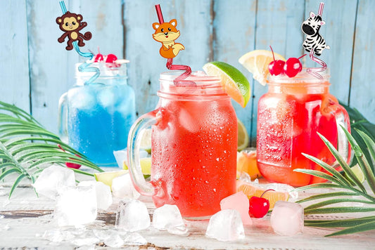24pcs Forest Animals Crazy Shape Straws, Drink Cocktail Straws for Lion Fox Zebra Giraffe Monkey Safari Birthday Party Supplies Party Favors, Woodland Party Favors with 2 Cleaning Brushes 8 Colors