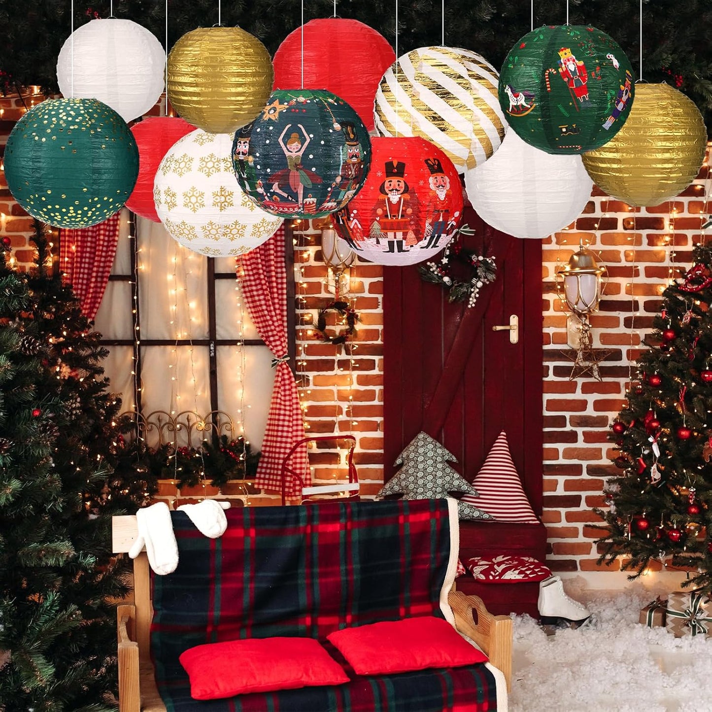 Bencailor 12 Pcs Christmas Hanging Paper Lanterns Set Decorative Christmas Party Lanterns Round Hanging Lamps for Xmas Home Decoration Supplies Props Holiday Decor (Striped,12 Inch,10 Inch, 8 Inch)