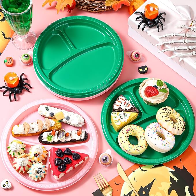 50 Pcs 10 Inch Plastic 3 Compartment Divided Plates Heavy Disposable Round Dinner Plates with Dividers for Wedding Birthday Party Dinnerware (Green, Pink)