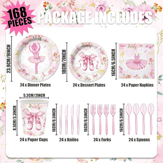 Ballerina Party Supplies Set Ballet Theme Tableware Kit with Plates and Napkins for 1st 2nd Birthday Decorations Serve 24 Guests