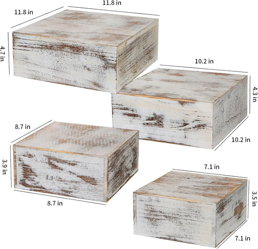 Vintage Brown Square Wooden Cake Stands For Display,Set Of 4 Wood Cupcake Stands Risers, 12 Inches Rustic Wood Crates For Wedding Cake Display,Square Wooden Display Risers For Home Decor . (Vintage White)