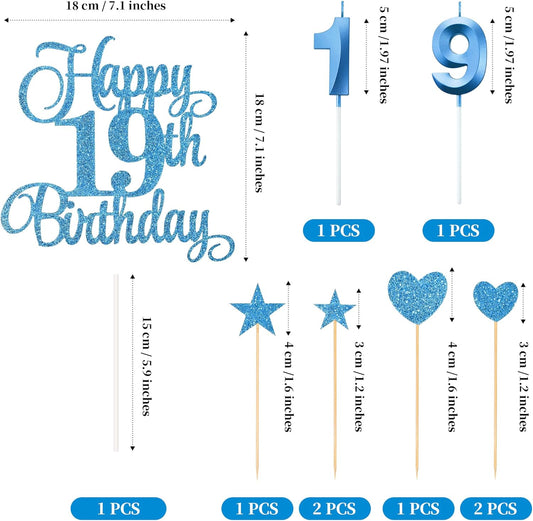 19th Birthday Cake Decorations, 19th Birthday Candles Cake Numeral Candles and Glitter Happy 19th Birthday Cake Toppers Set for Birthday Party Supplies (Blue)