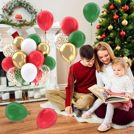 Patimate Red and Green Christmas Balloons Set, 50 pcs 12 inch Metallic Gold Green Red White Confetti Latex Balloons Kit for Christmas Grinch Birthday Party Decorations
