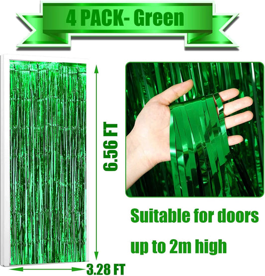 4 Pack Green Foil Fringe Curtain Backdrop, 3.28Ft x 6.56Ft Metallic Tinsel Foil Fringe Streamers Curtains for Photo Booth, Wedding, Thanksgiving, Birthday, Christmas, Halloween Party Decoration