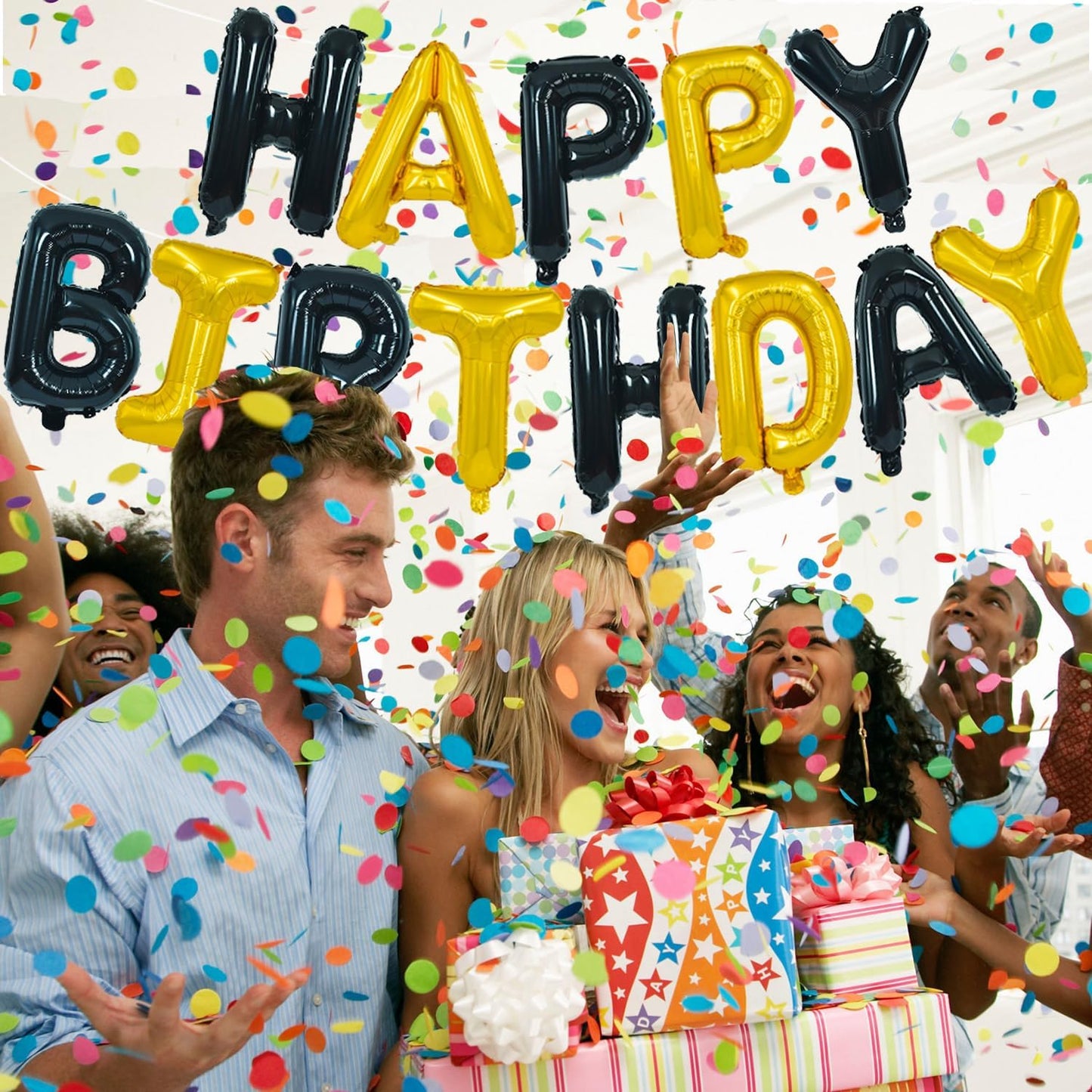 TONIFUL Happy Birthday Balloons Banner with Ribbon Straw, 16 Inch Mylar Letters Birthday Sign Banner Balloon Bunting Reusable for Girls Boys Kids & Adults Birthday Halloween Supplies(Black Gold)