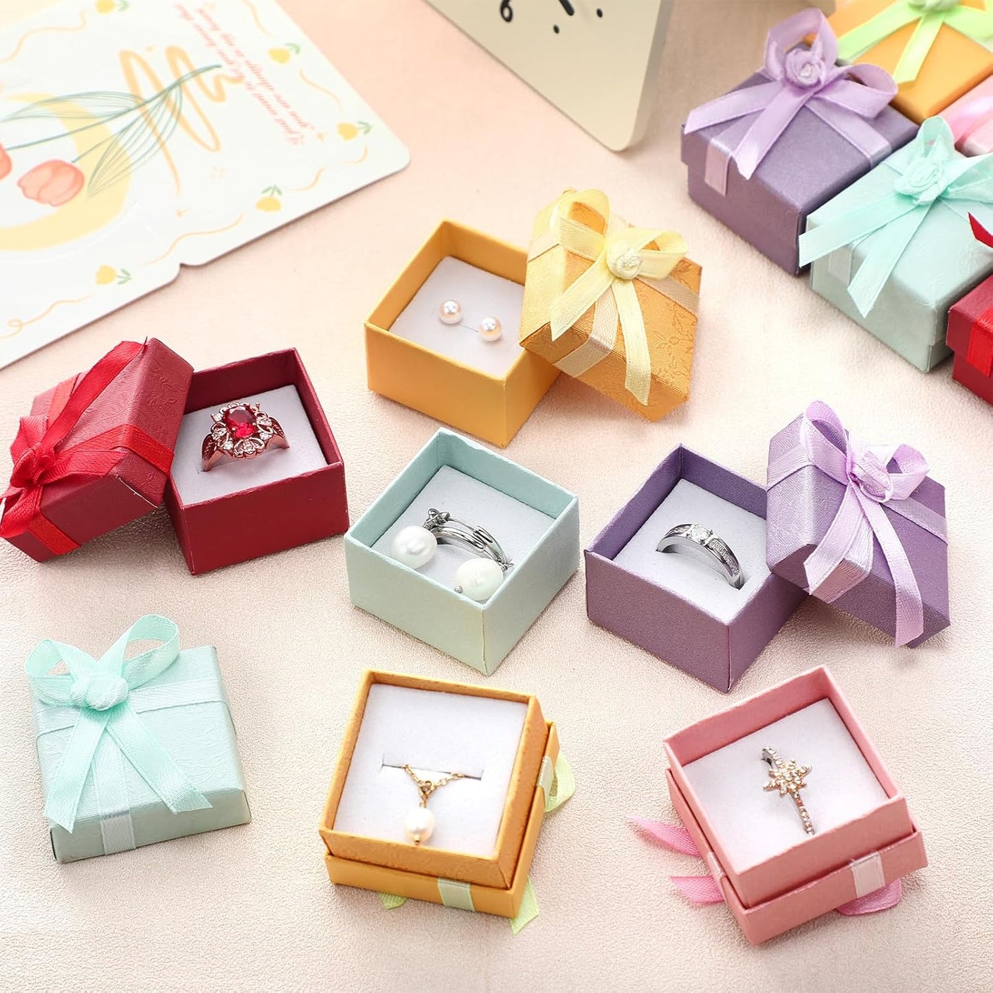 72 Pcs Ring Boxes 1.6 x 1.6 In Hard Cardboard Jewelry Box with Ribbon Bow Small Jewelry Gift Cases for Small Business(Rose Color)