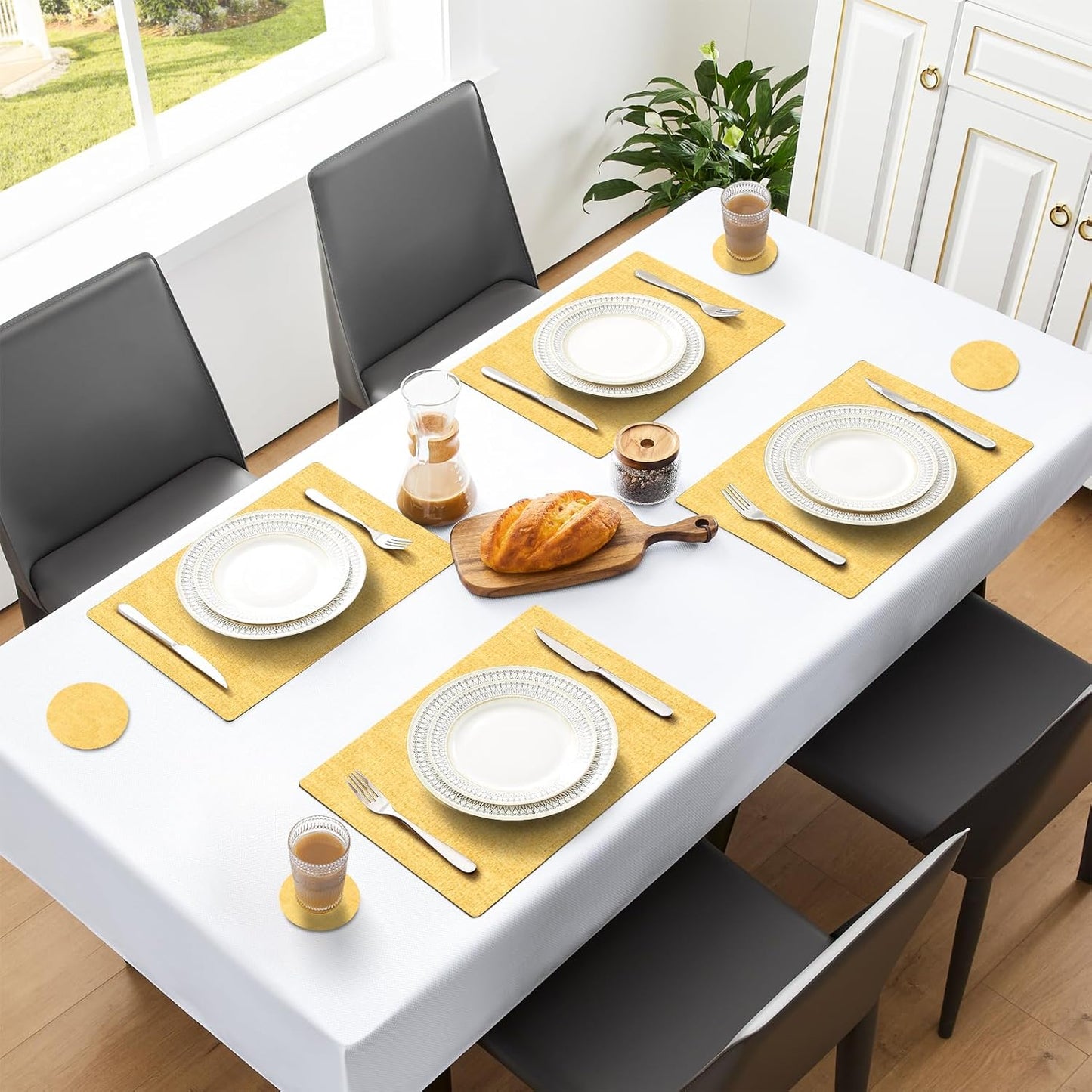 MOSAYT Faux Leather Placemats Set of 6, Heat Resistant Wipeable Washable Vinyl Place Mats with Coasters, Waterproof Oil Proof Table Mats for Kitchen Dining Party Indoor Outdoor, 12" x 18", Yellow