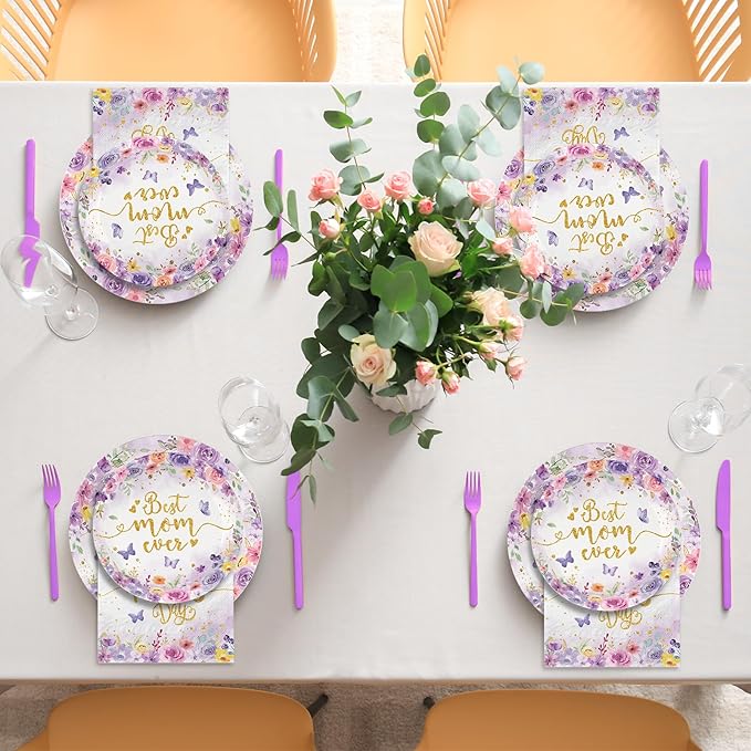 Mother's Day Party decorations 144Pcs Butterfly Floral Mother's Day Plates and Napkins Cups Serve 24 Include Best Mom Ever Plates, Napkins, Cups and Forks for Spring Birthday, Mothers Day, Tea Party