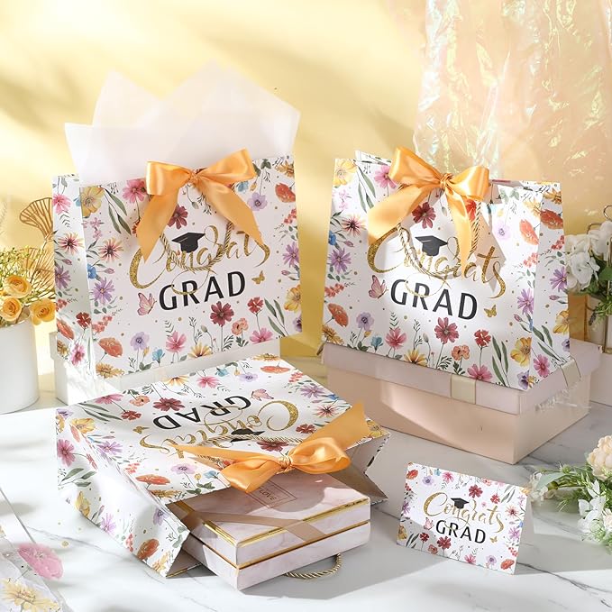 Maitys 12 Pack 13" Large 2026 Graduation Gift Bags Bulk with Handle, Tissue Papers, Cards, Ribbons Class of 2026 Congrats Grad Wildflower Paper Wrapping Bag for College Graduation Party Supplies