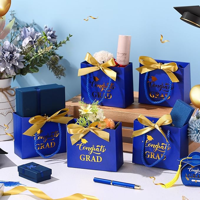 Moinchore 30 Pcs Blue Gold Graduation Gift Bags Bulk 5.5 x 4.7 x 2.5'' Small 2026 Congrats Grad Favor Bags with Handles Bow Ribbon Wrap Graduation Day Paper Party Supplies for College High School
