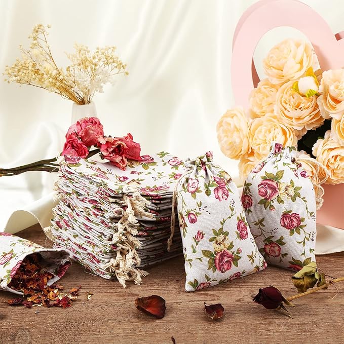 Pangda 30 Pieces Small Size Rose Drawstring Bags Burlap Flower Pouch Bags Linen Gift Jewelry Pouches for Wedding DIY Craft Party (5.1 x 7 Inch)