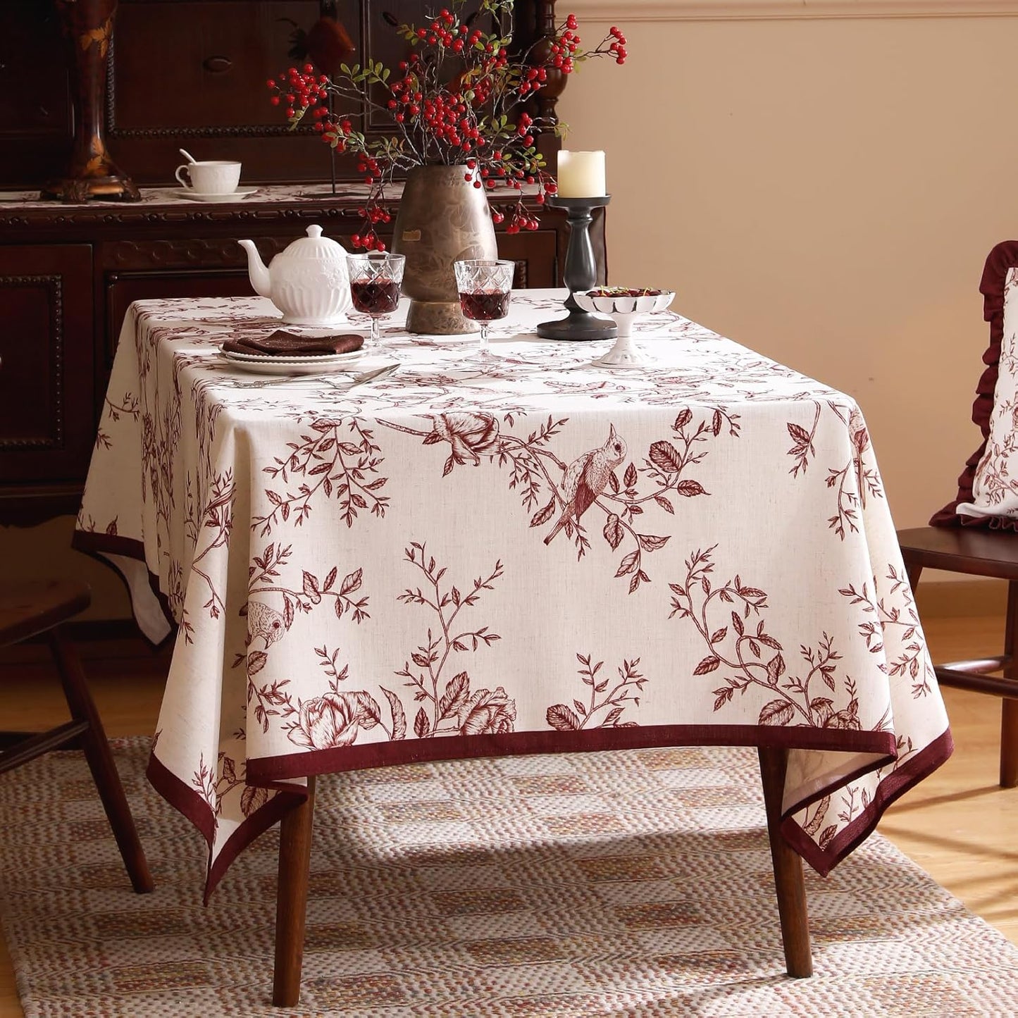 ISAENNE Designer Vintage Linen Extra Long Rectangle Tablecloth,Red Floral Pattern Linen Stain Resistant Table Cloth,Decor Tablecloths for Dining Thanksgiving Kitchen Party,63"*110"-Harmony